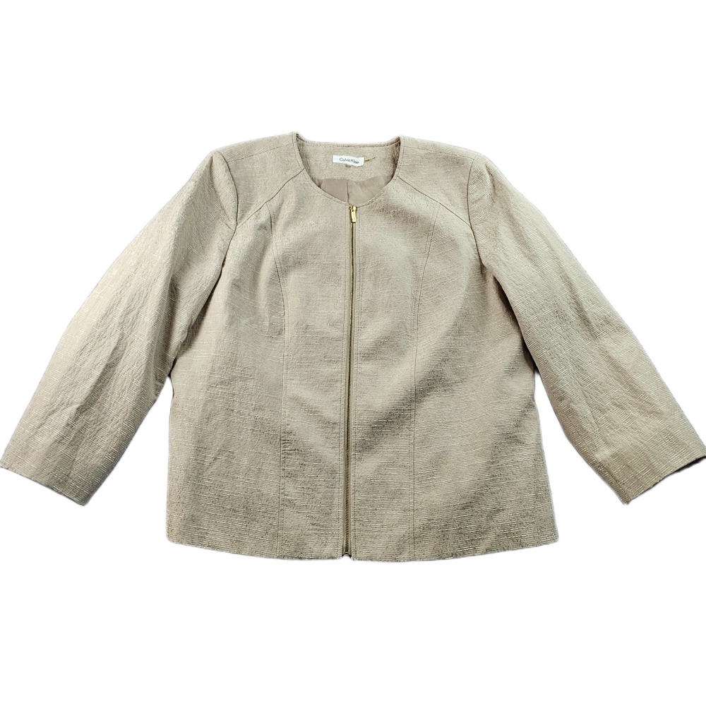 Calvin Klein Blazer Jacket Women Beige Textured Lightweight Long Sleeve Full Zip